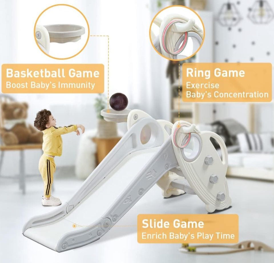 Open Box Onasti Kids Slide for Toddlers Age 1-3 Indoor Baby Plastic Slide Outdoor Climber Freestanding Playset with Basketball Hoop & Ring Game Grey