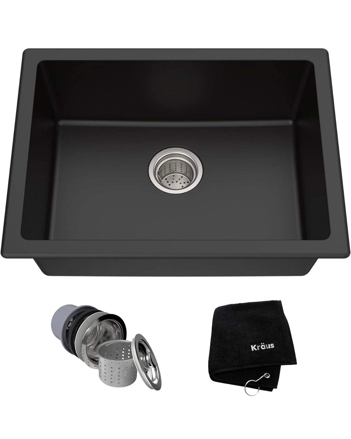 KRAUS Quarza 24-inch black onyx granite drop-in undermount single bowl kitchen sink with drain assembly and towel