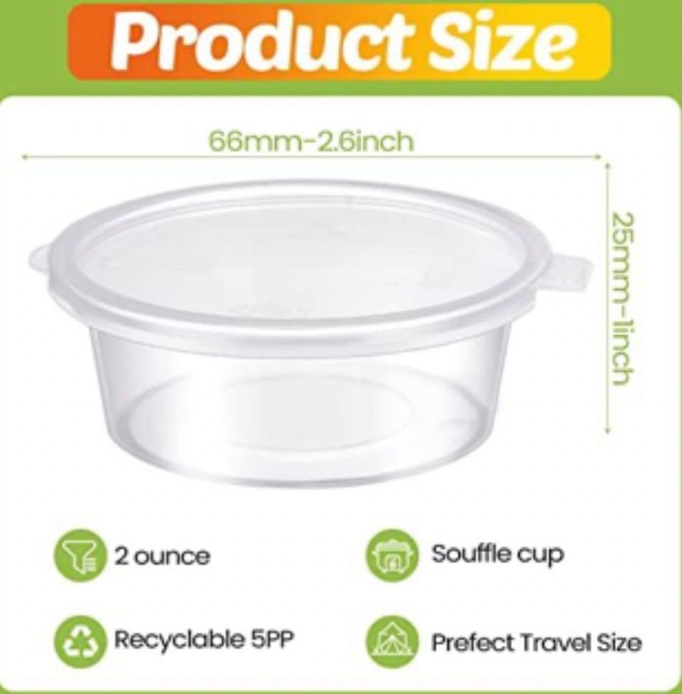 Open Box Didaey 300 Pcs 2 oz Plastic Dressing Containers Clear Portion Cups Small Condiment Containers with Lids Hinged Airtight Souffle Cups Disposab