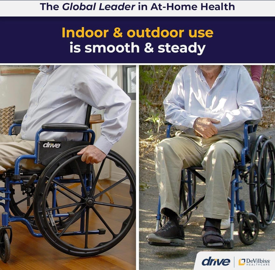 Open box new Drive Medical Blue Streak Wheelchair with Flip Back Desk Arms, Swing Away Footrests,FoldingDesk Length Arms, Alloy Steel, 20 Inch Seat