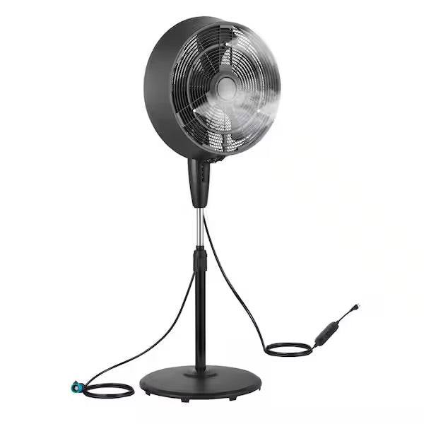 Pelonis 18 inch black outdoor misting pedestal fan with 3 speeds and 80° oscillation for up to 500 sq. ft. cooling.