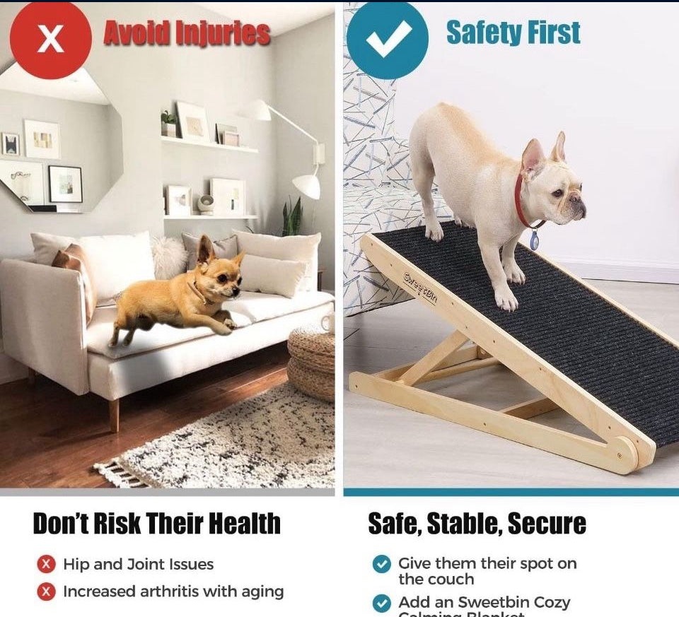 Open Box New Wooden SweetBin Adjustable Pet Ramp for Dogs and Cats - Non Slip Carpet Surface and Foot Pads - 41" Long and Adjustable from 12" to 24"