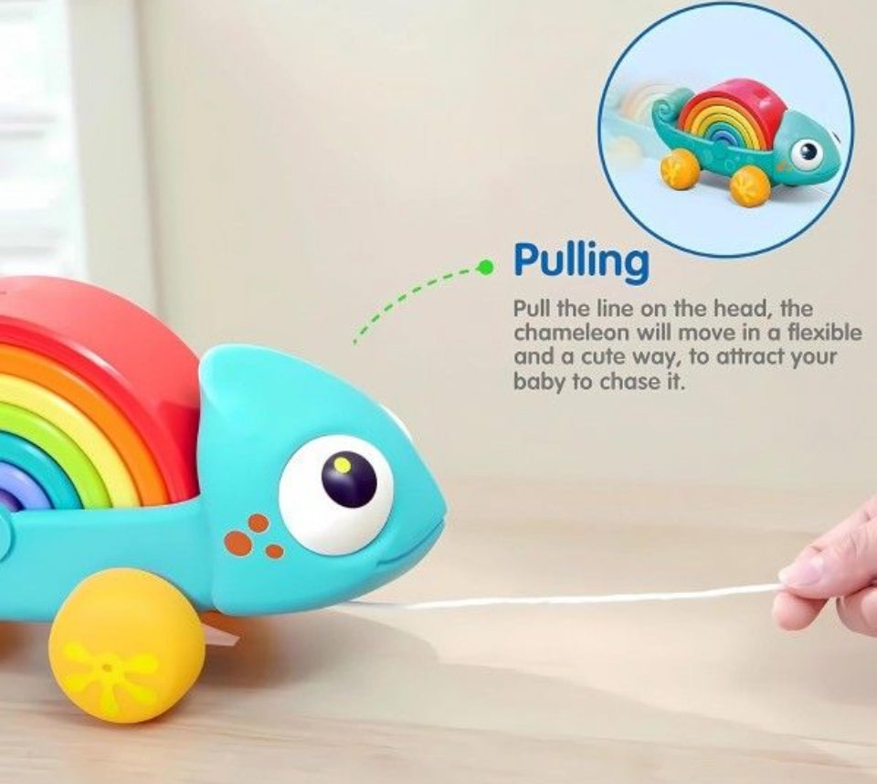 Brand New Choiqua Rainbow Chameleon Stacking Toy, Ages 18 Months - 3 Years, Montessori Learning Push and Pull Toy