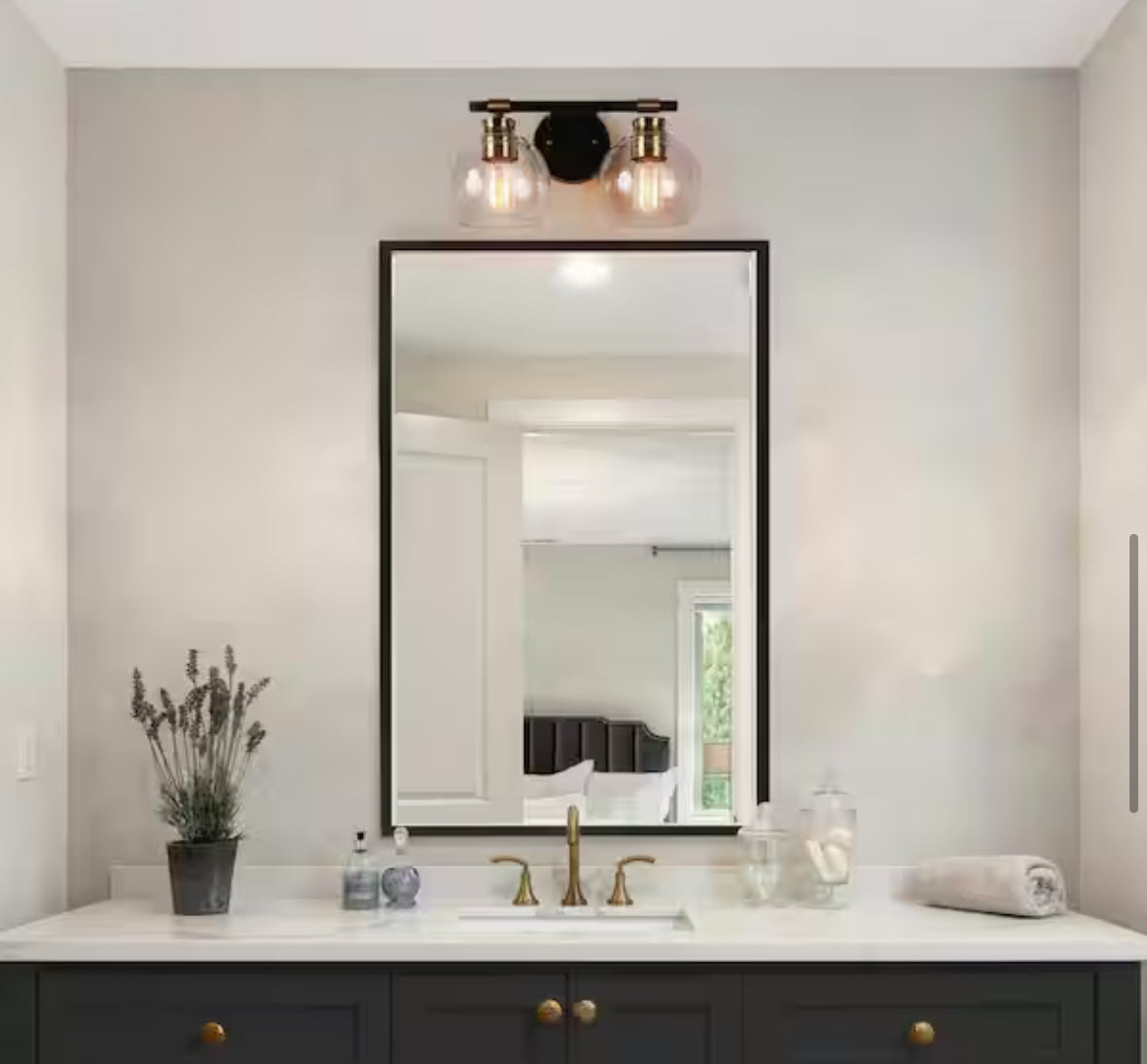 Zevni 14 in. 2-Light Modern Black Bathroom Vanity Light, Rustic Vintage Brass Vanity Light, Globe Seeded Glass Wall Sconce