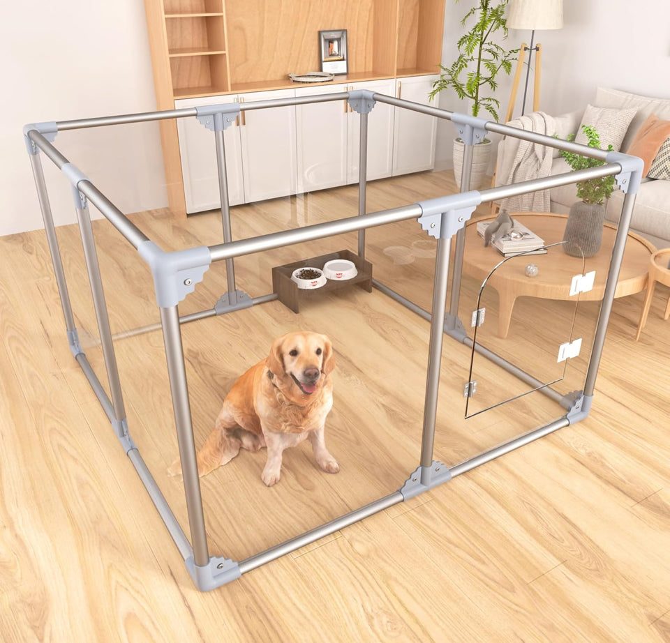 Swifthorse acrylic dog playpen with transparent panels and metal frame, indoor pet enclosure with clear door and corner connectors, spacious area for dogs and puppies