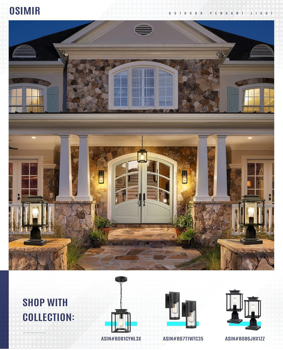 Brand New Osimir Outdoor Pendant Light for Porch, 1-Light Black Hanging Porch Light Modern Exterior Hanging Lantern with Cylinder Glass and Adjustable Chain for Gazebo, 2353/1H