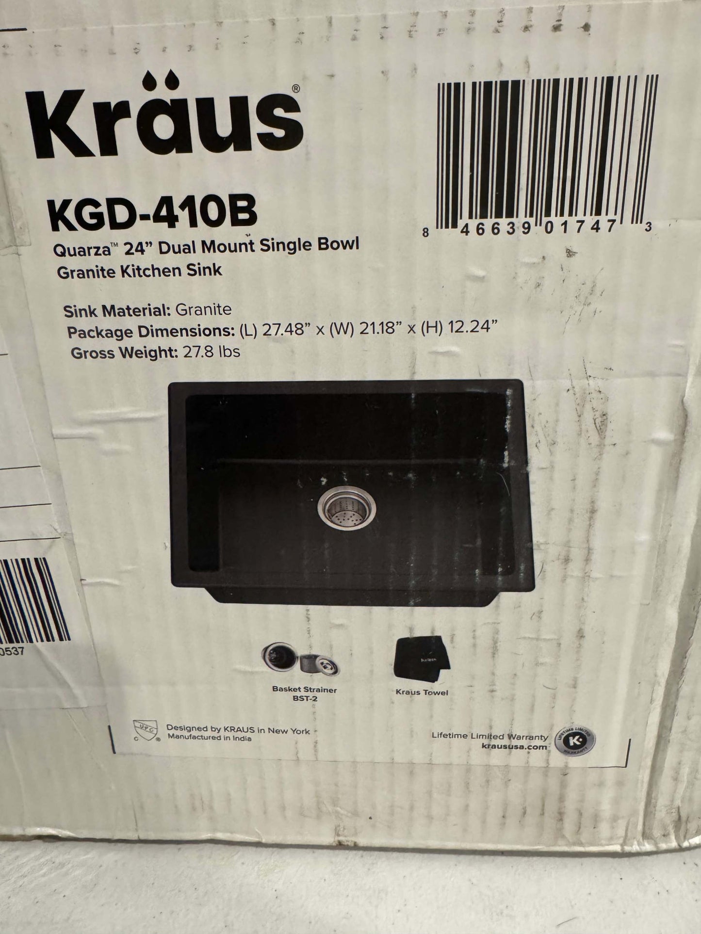 KRAUS Quarza 24-inch Drop-In/Undermount Single Bowl Granite Kitchen Sink in Black Onyx, KGD-410B