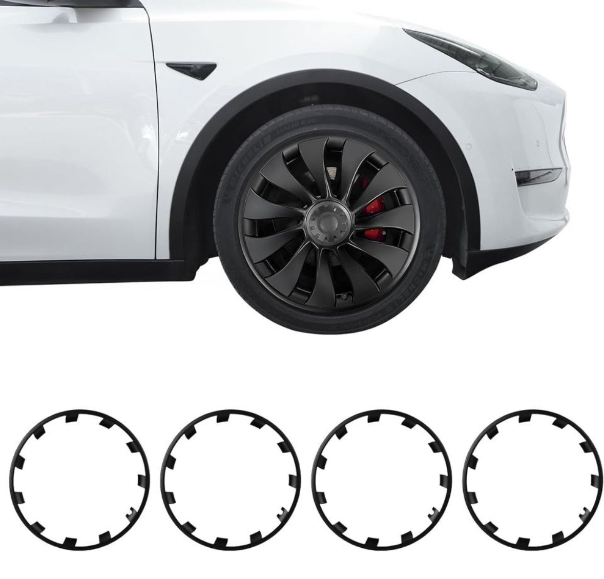 Tesla Model Y with 21-inch wheel rim protector and ABS rim guard hubcap for curb rash protection.