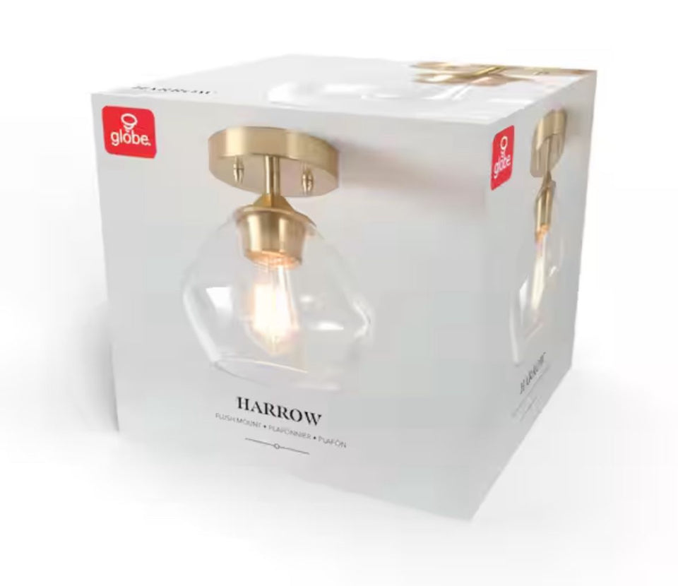 OPEN BOX NEW Globe Electric Harrow 8 in. 1-Light Matte Brass Semi-Flush Mount Ceiling Light with Clear Glass Shade