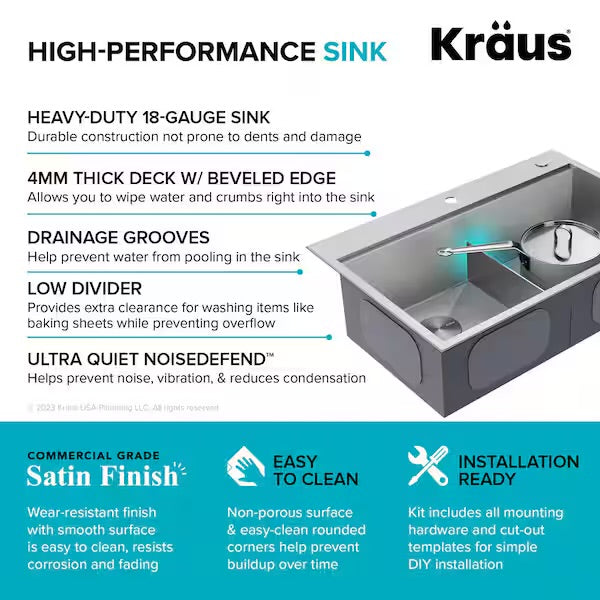 Open Box KRAUS Loften 33 in. Drop-In/Undermount Double Bowl 18 Gauge Stainless Steel Kitchen Workstation Sink with Accessories
