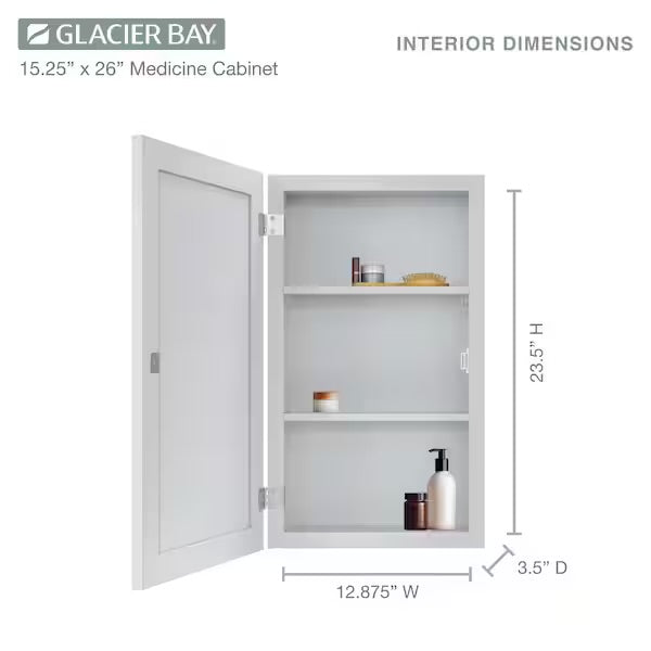 Open Box Glacier Bay 15-1/4 in. W x 26 in. H Framed Recessed or Surface-Mount Bathroom Medicine Cabinet with Mirror, Gray