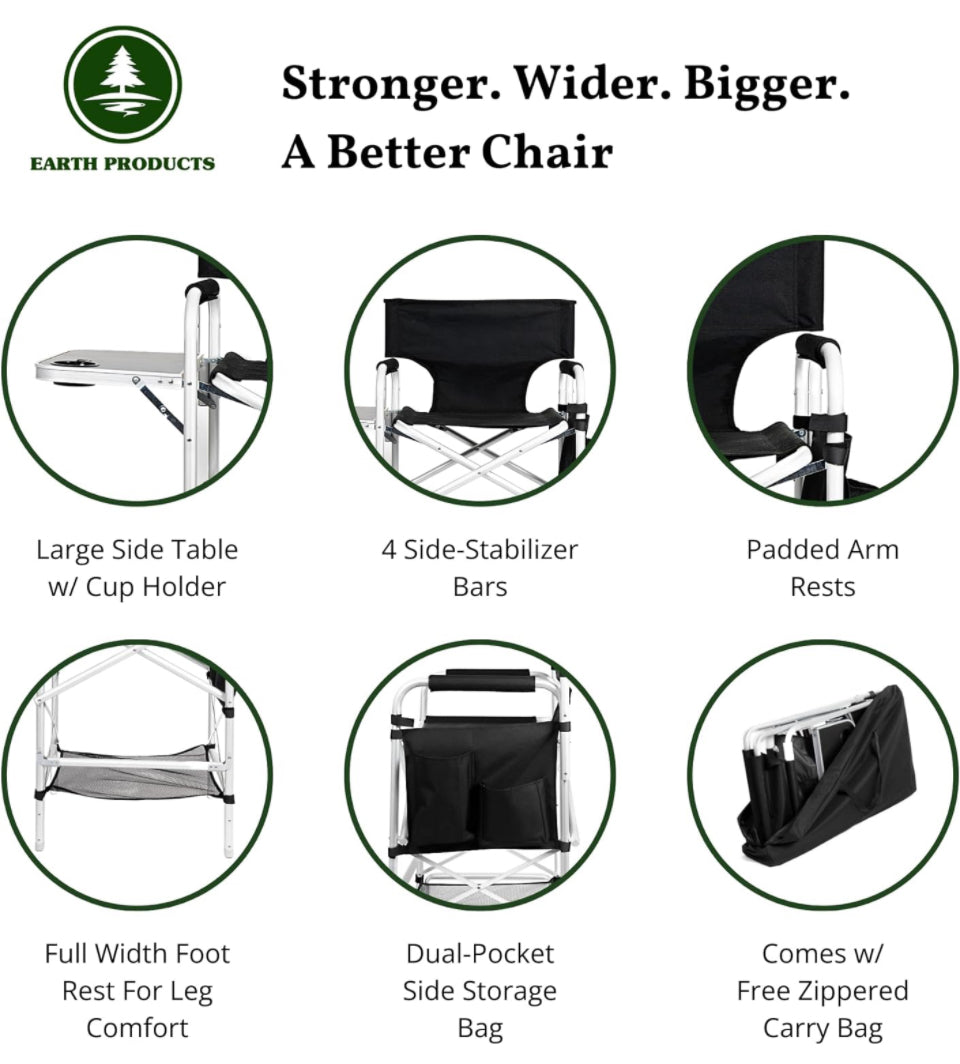 Earth Products Executive VIP Tall Directors Chair with Folding Side Table, Foldable, Zippered Carry Bag, 31" Seat Height, Lightweight, 375LBS Max Load - Selzalot
