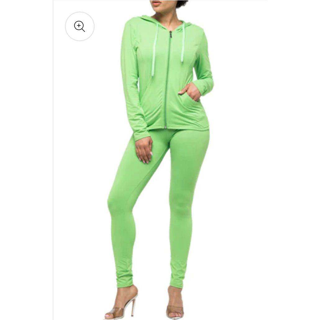 Brushed DTY hoodie training set in light green with zip-up hoodie and fitted leggings on model