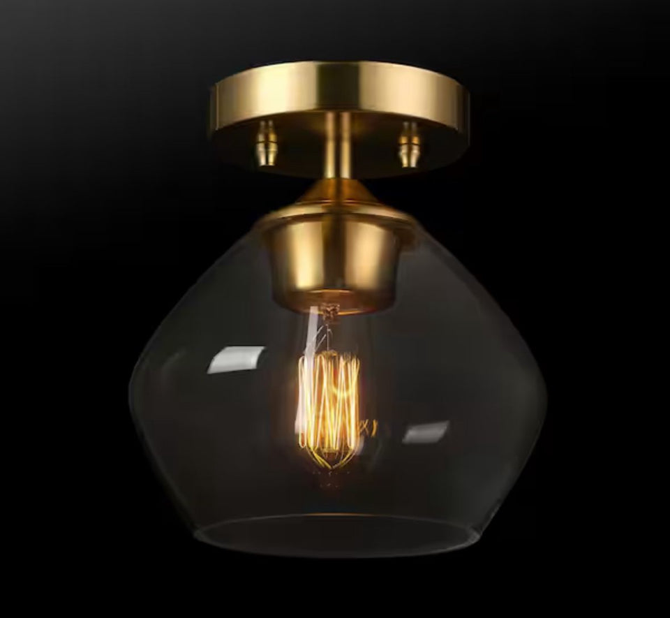 OPEN BOX NEW Globe Electric Harrow 8 in. 1-Light Matte Brass Semi-Flush Mount Ceiling Light with Clear Glass Shade