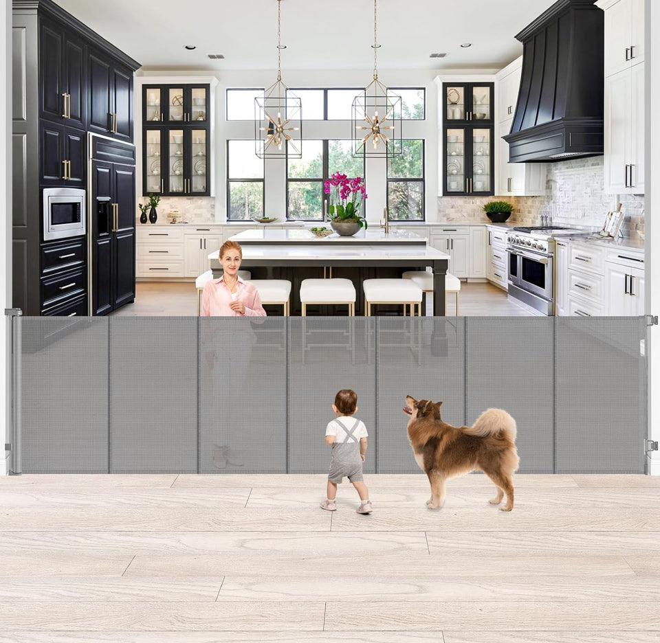 Open Box Stcockis 42" Tall X 120" Wide Retractable Baby Gates Extra Wide Dog Gate Keeps Pets from Getting Under Tall Baby Gate, Indoor/Outdoor Pet Gat