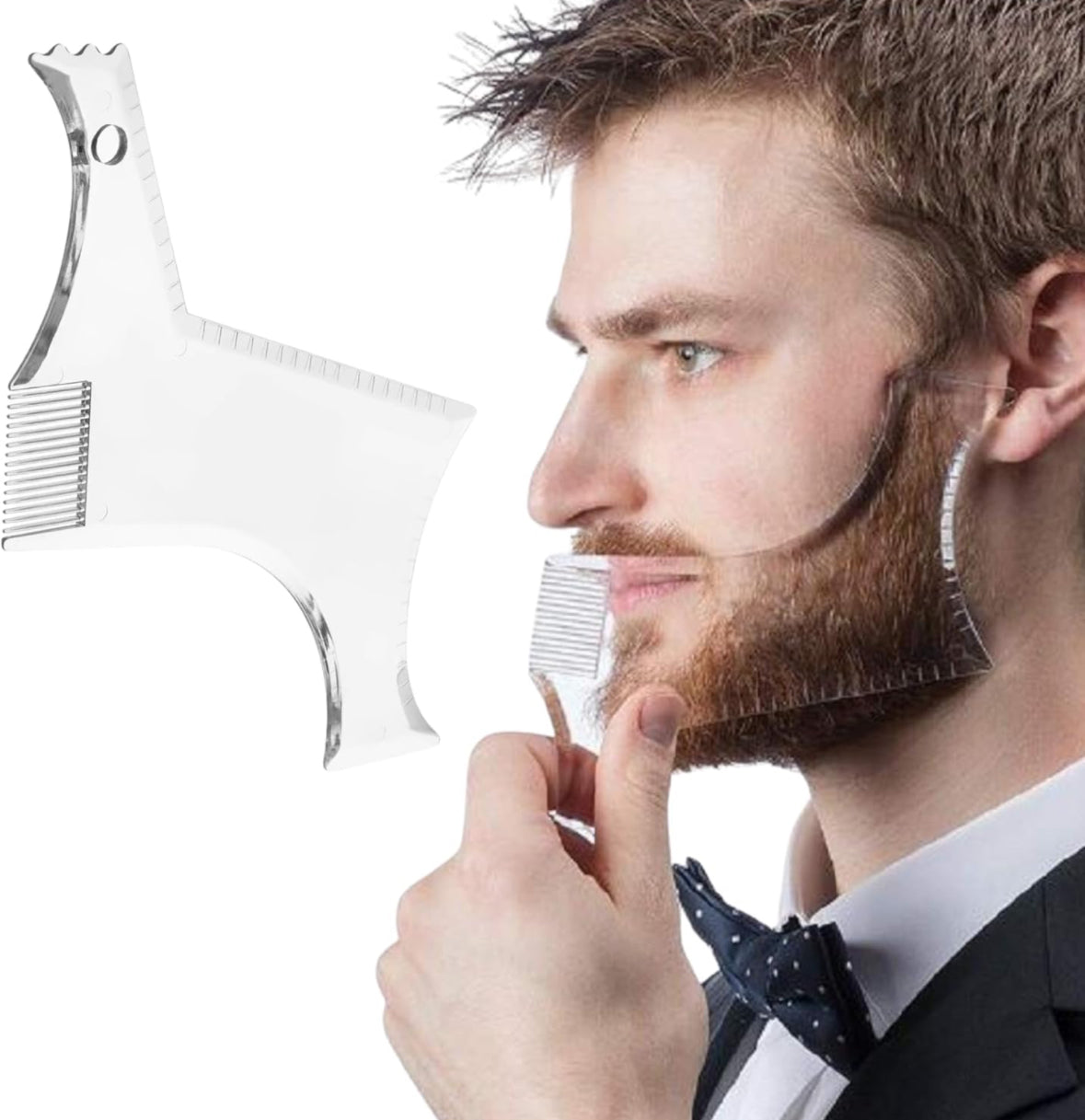 Beard shaper tool for men used to shape and style facial hair.