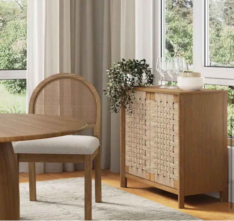New Nathan James Aerie Rustic Wood Light Brown 31 in. Accent Cabinet, Boho Storage Cabinet w/Seagrass Doors