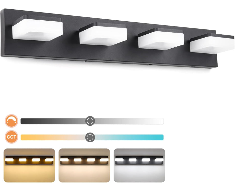 Dimmable black 4-light bathroom vanity light with adjustable 3-color temperature and acrylic stainless steel design