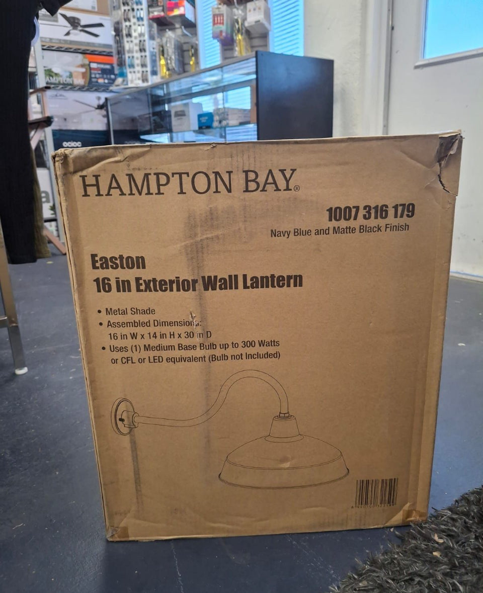 Open Box New hampton bay Easton 14 in. 1-Light Navy Blue Barn Outdoor Wall Light Lantern Sconce with Steel Shade
