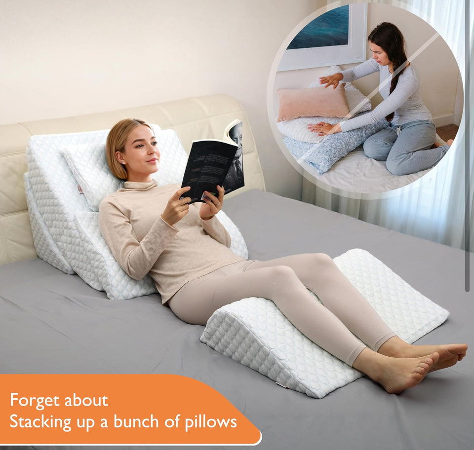 Open Box LENORA Adjustable Orthopedic Bed Wedge Pillow Set, Reading Pillow & Back Support for Sleeping, Memory Foam Wedge for Lower Back, Knee and Leg