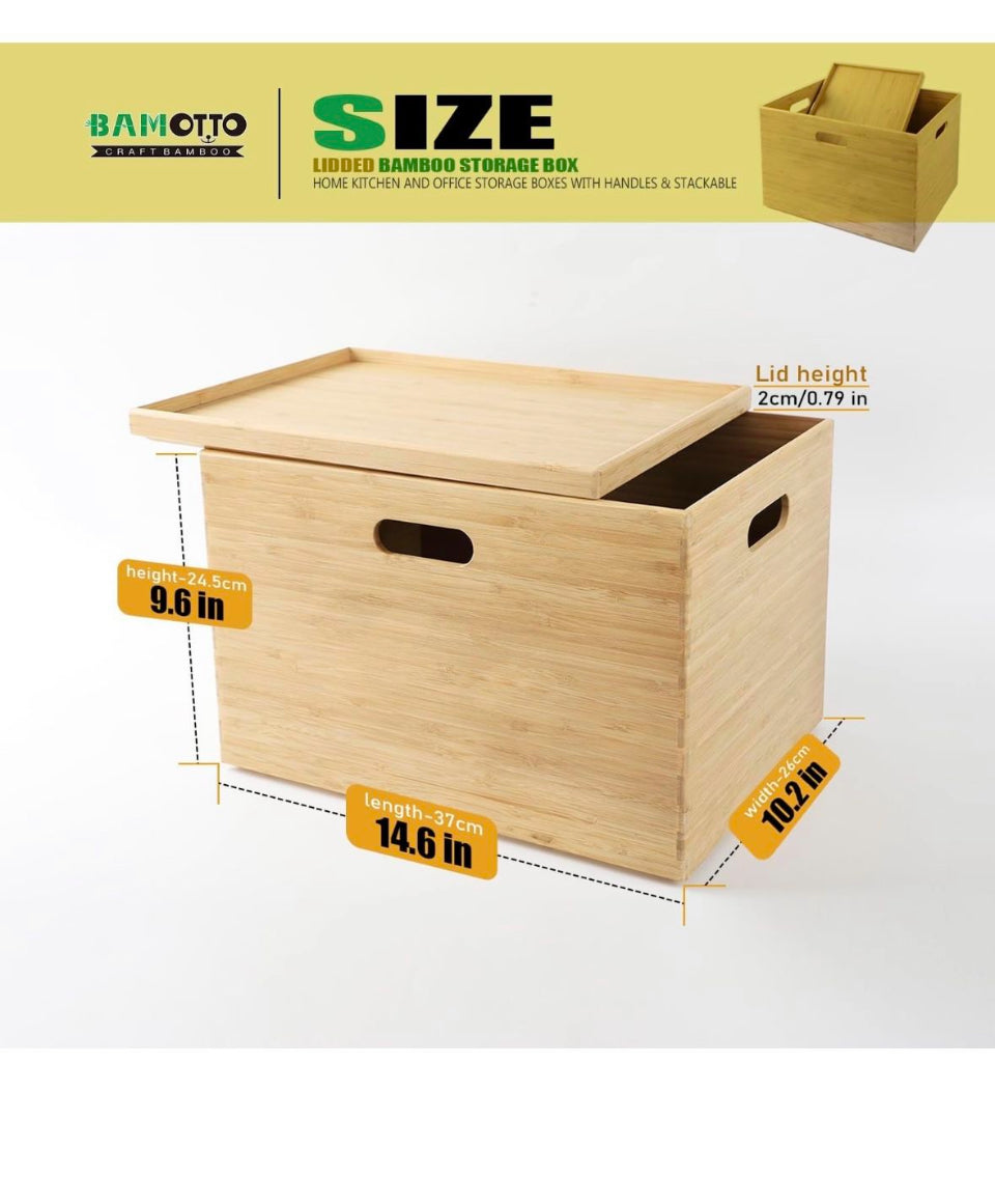 Open Box New BAMOTTO Lidded Bamboo Storage Bins & Box/Cube/Basket, Home Kitchen and Office Storage Boxes with Handles & Stackable for Organizer Table