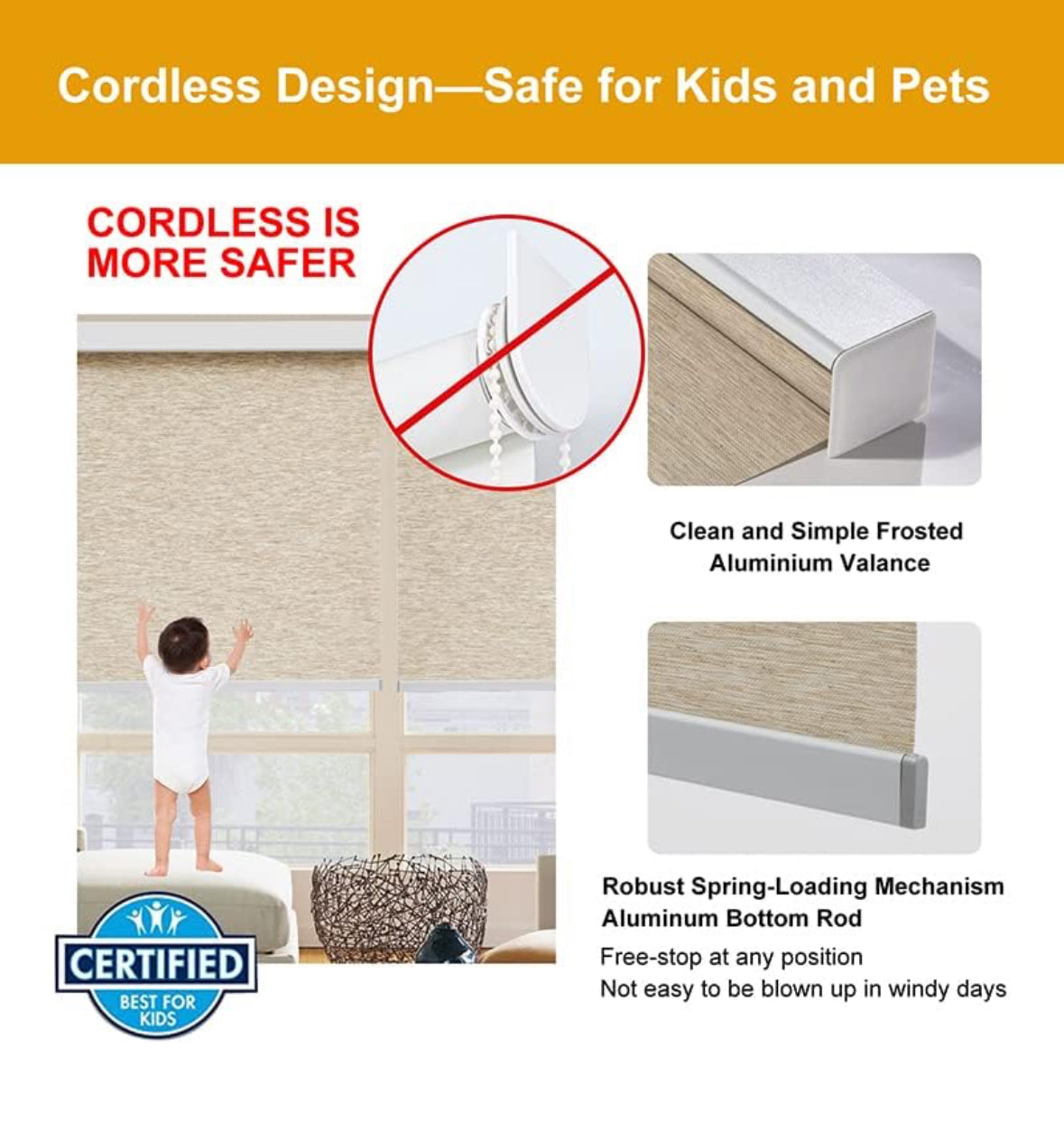 Persilux Light Filtering Window Blinds, Natural Woven Fabric Free-Stop Cordless Roller Window Shades for Home (Khaki 35" x 72") UV Protection Privacy