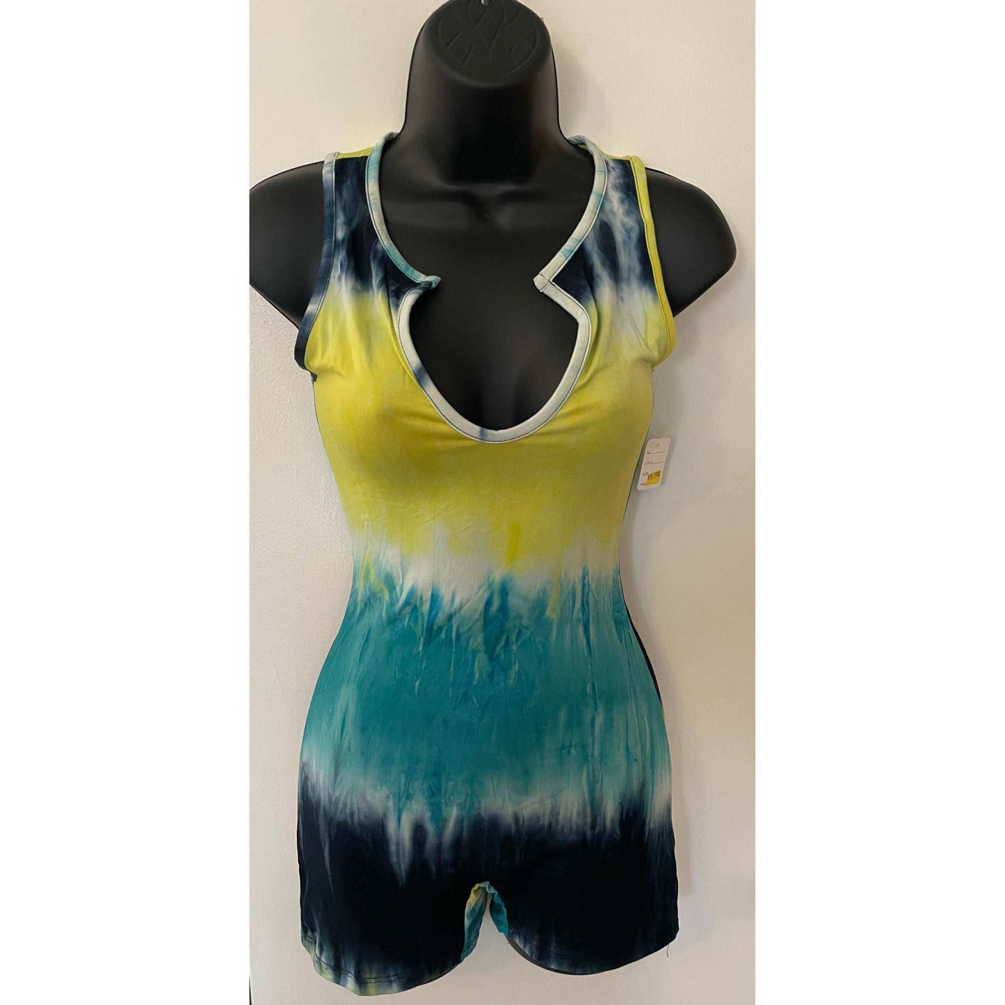 Dodo Romper one piece in sea blue and yellow tie-dye sleeveless romper with a notch neckline on a black mannequin