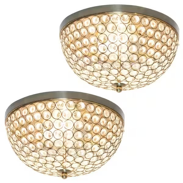 Open Box Elegant Designs Elipse 13 in. 2-Light Antique Brass Crystal Flush Mount Ceiling Light