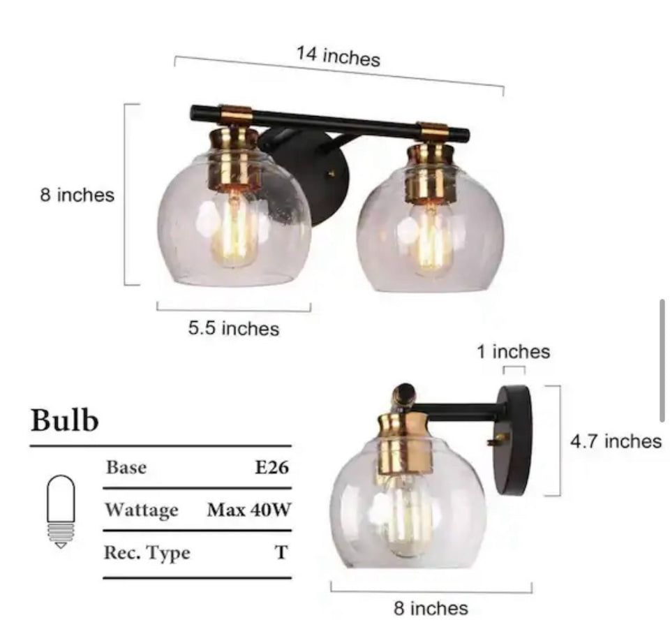 Open Box Zevniv14 in. 2-Light Modern Black Bathroom Vanity Light, Rustic Vintage Brass Vanity Light, Globe Seeded Glass Wall Sconce