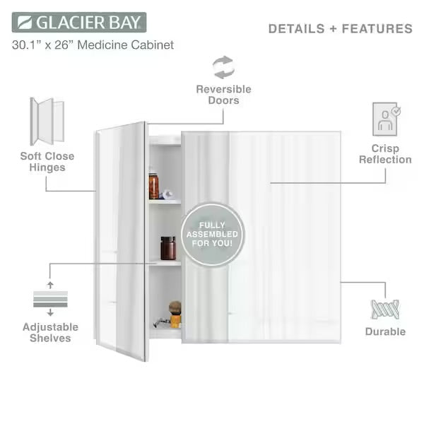Open Box Glacier Bay 30 in. W x 26 in. H Rectangular Wood Composite Medicine Cabinet with Mirror