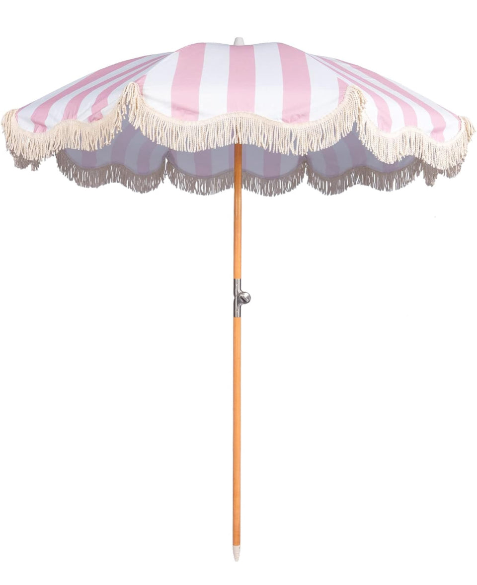 Funsite 6.5ft Boho Beach Umbrella with pink and white stripes, fringe tassel edges, solid wood pole, and carry bag for outdoor sun protection with UPF 50+