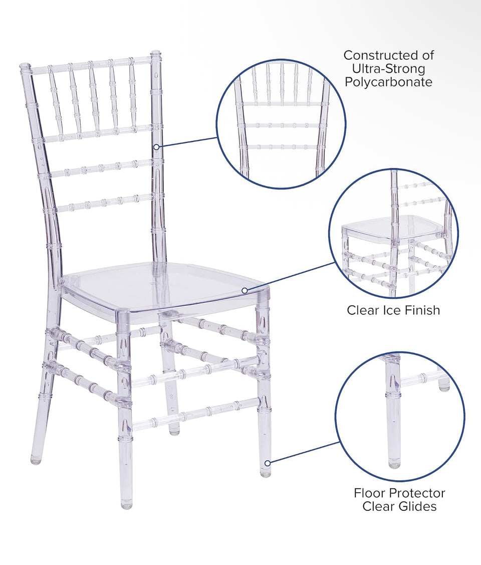 Pre-Assembled New 2 Pack Flash Elegance Crystal Ice Scratch and Water Resistant Stacking Chiavari Chairs