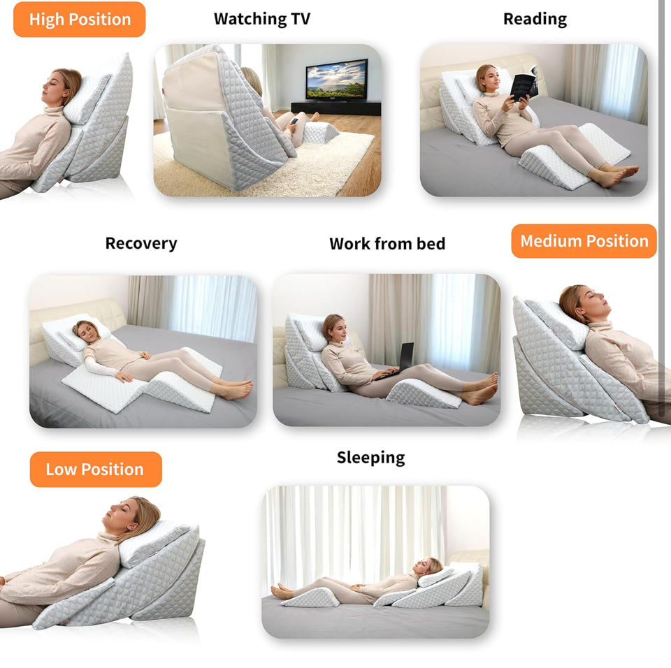 Open Box LENORA Adjustable Orthopedic Bed Wedge Pillow Set, Reading Pillow & Back Support for Sleeping, Memory Foam Wedge for Lower Back, Knee and Leg