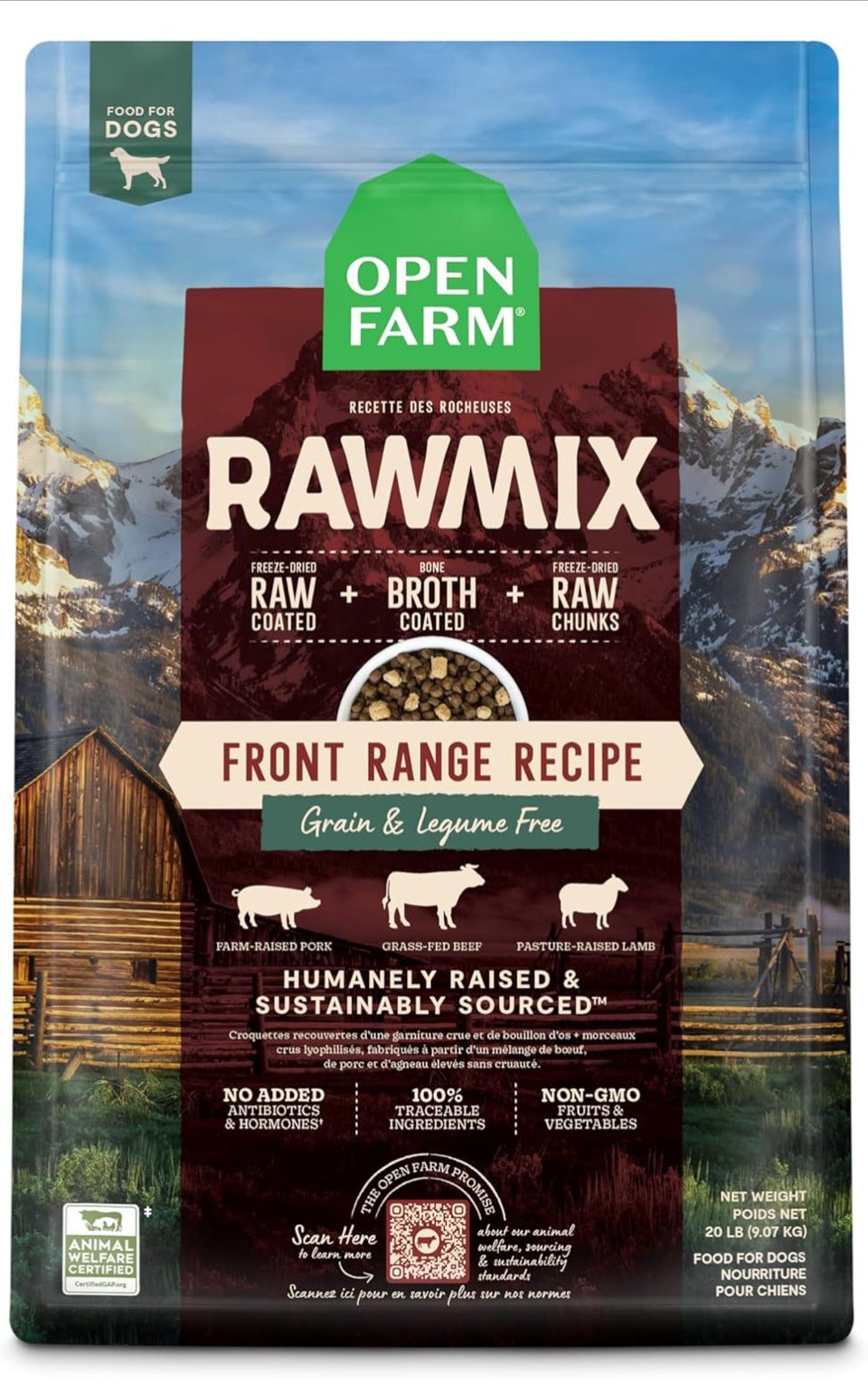 Open Farm RawMix Grain-Free Dry Dog Food with raw coated kibble, bone broth, and freeze-dried raw chunks made from humanely raised beef, pork, and lamb