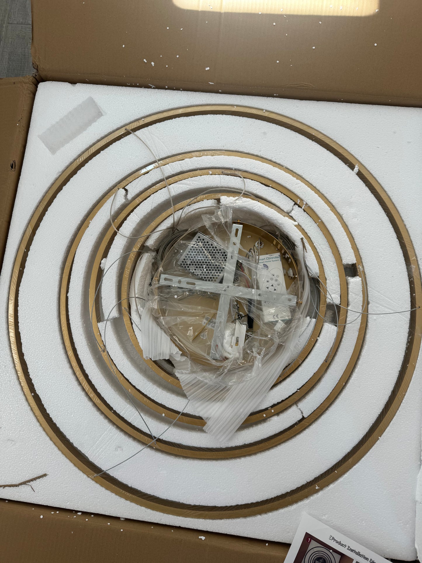 Modern Gold Chandelier 5 Rings Chandelier Dimmable Modern LED Pendant Light, LED Chandelier Lighting Fixture Height Adjustable Ceiling Hanging Modern