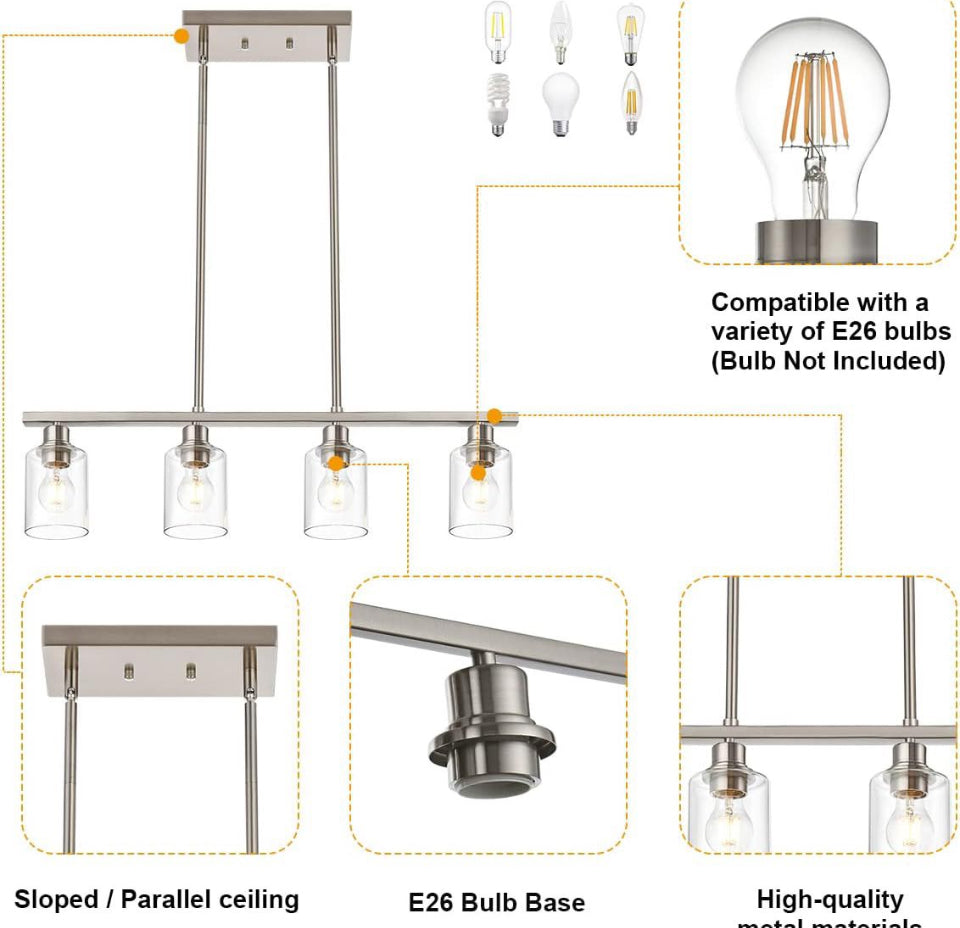 VINLUZ 4 Light Kitchen Island Hanging Lights Industrial Brushed Nickel Dining Room Light Fixture with Clear Glass Shade Farmhouse Chandelier for Livin - Selzalot