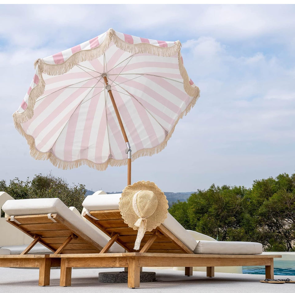 Open Box Funsite 6.5ft Boho Beach Umbrella with Fringe, UPF 50+ Tassel Umbrellas with Carry Bag, Premium Wood Pole Foldable Patio Umbrella for Outdoor