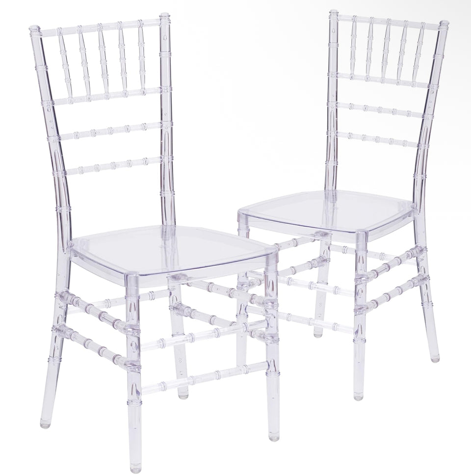 Pre-assembled new 2 pack clear acrylic stacking chiavari chairs for indoor and outdoor events
