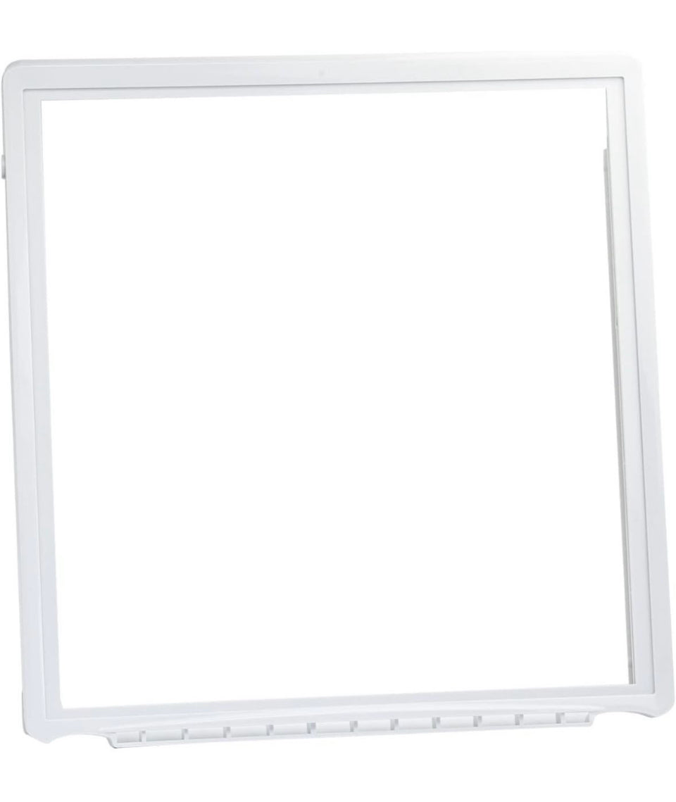 White refrigerator shelf frame without glass, compatible with Frigidaire models, measuring 17-3/8" x 18-3/8"