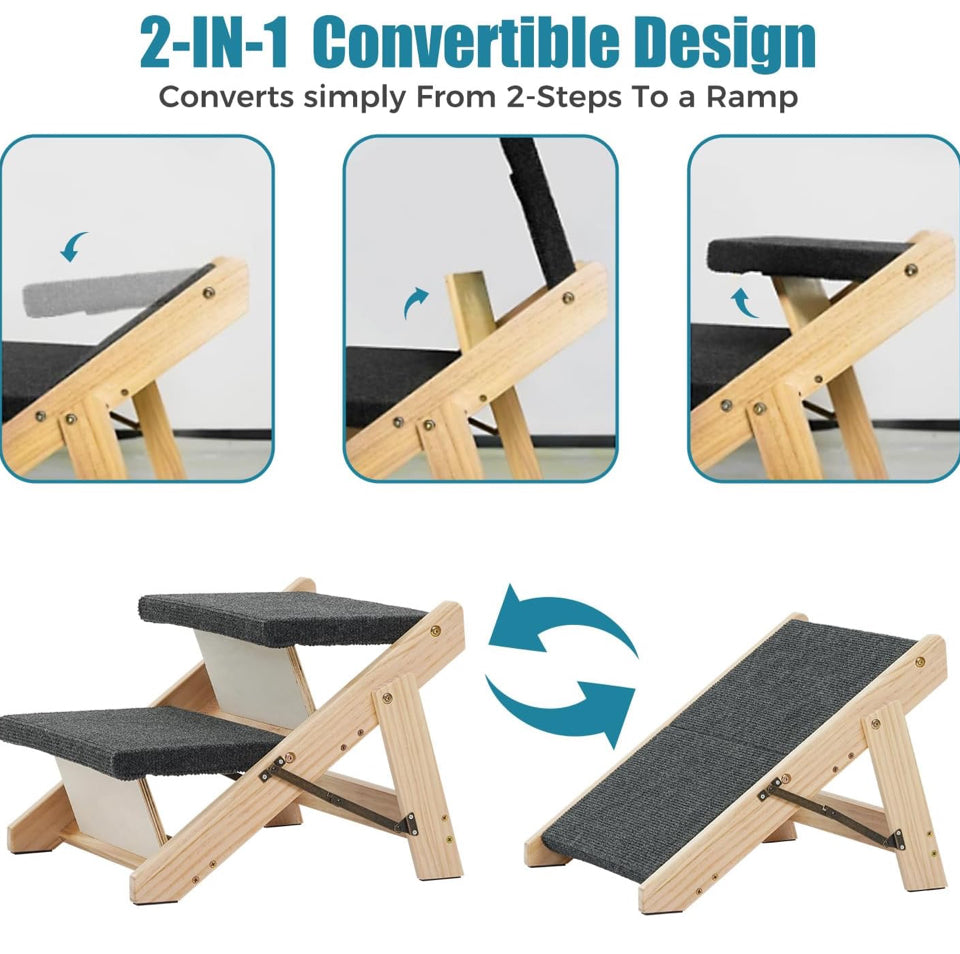 MEWANG Wood Pet Stairs/Pet Steps - Foldable 2 Levels Dog Stairs & Ramp Perfect for Beds and Cars - Portable Dog/Cat Ladder Up to 110 Pounds