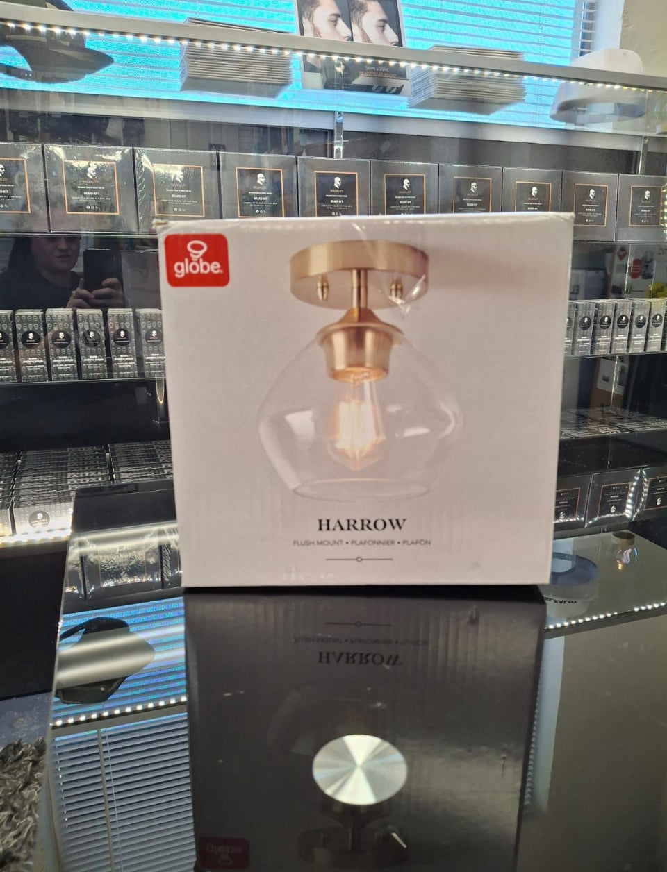 OPEN BOX NEW Globe Electric Harrow 8 in. 1-Light Matte Brass Semi-Flush Mount Ceiling Light with Clear Glass Shade
