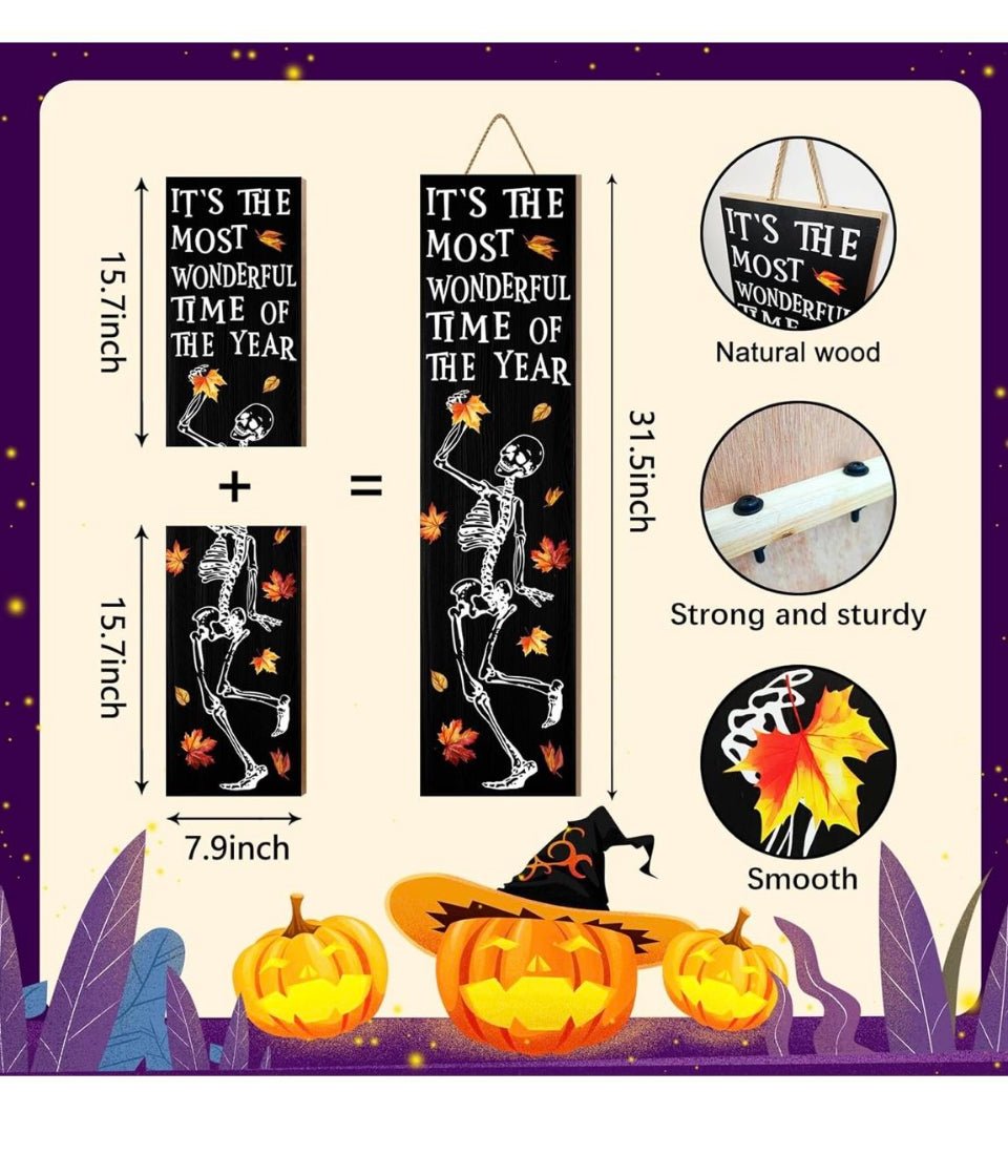 Open Box New "WUAHON Halloween Porch Sign - Decorative Skull Decor Hanging Wooden Welcome Sign for Fall Maple leaf Skull Standing Hanging Home Front D