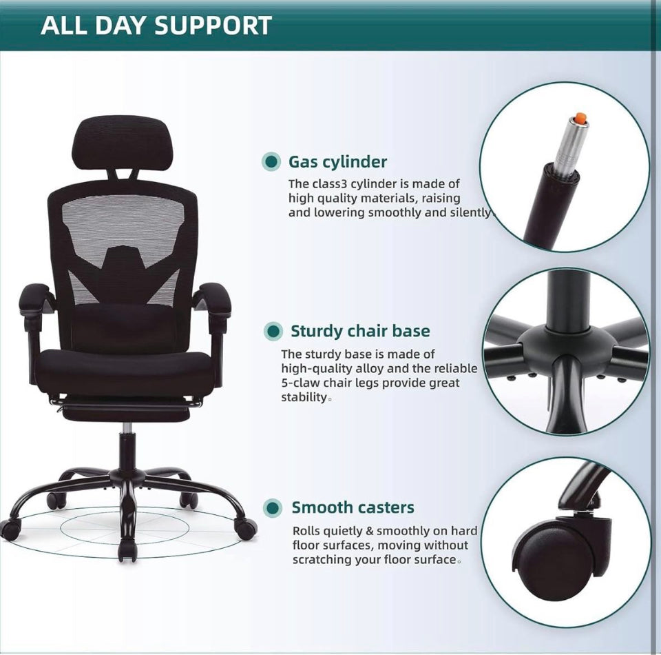 Open box GlasFlength Mesh Ergonomic Office Chair with Foot Rest, Big and Tall Comty Computer Desk Chair with Adjustable Headrest Backrest, Swivel Exec