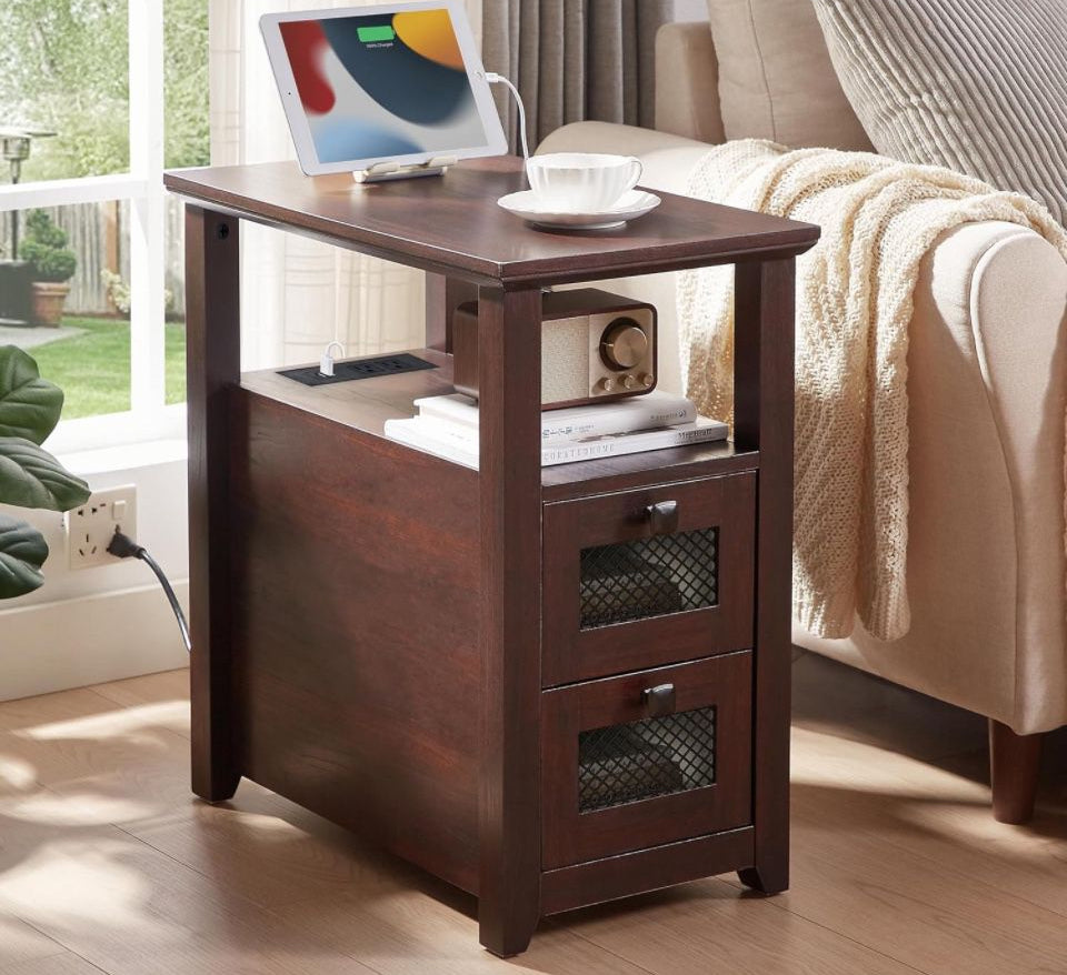 Farmhouse XXL End Table with Charging Station, Narrow Side Table with USB Ports and Outlets, Nightstand with 2 Drawers Storage, Bedside Tables - Selzalot