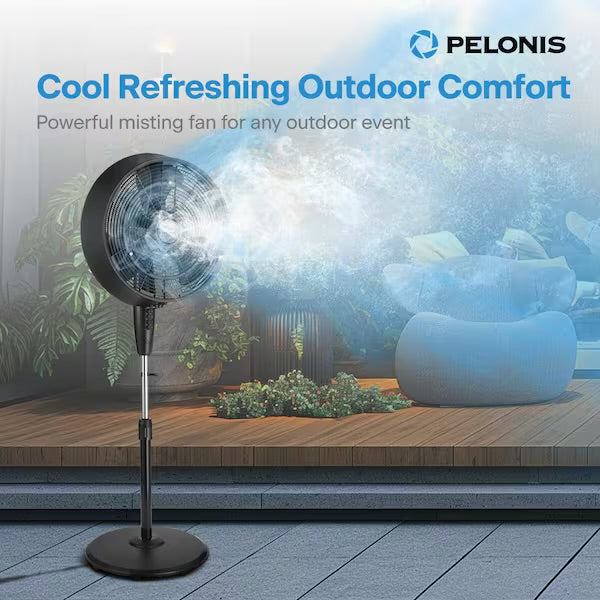 Open Box Pelonis 18 in. 3 Speeds Outdoor Misting Pedestal Fan in Black with 80° Oscillation 1600 CFM for up to 500 sq. ft