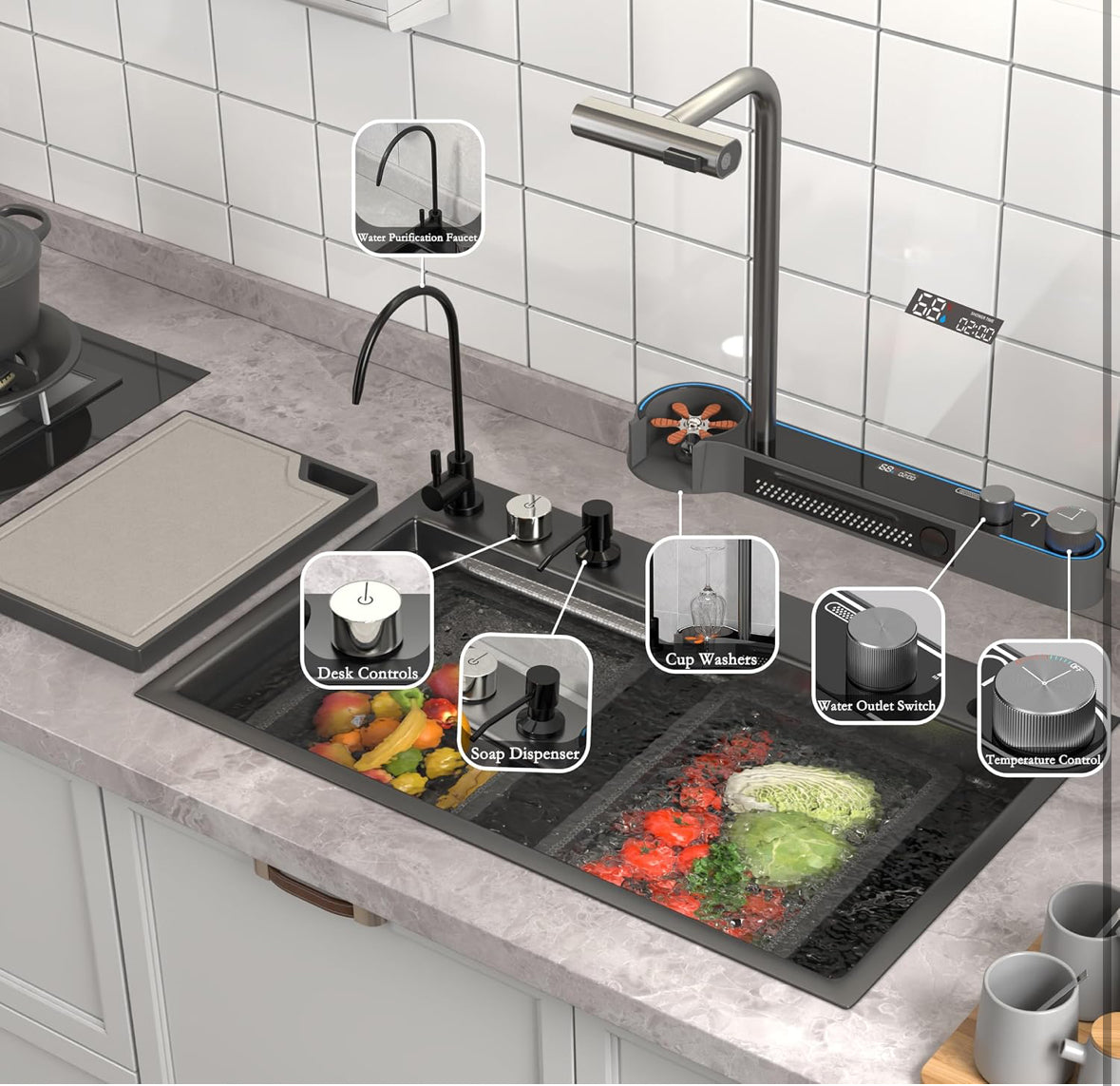 Modern Kitchen Sink Honeycomb Embossed Large Single Bowl Sink,With Digital Pullout Faucet,Cup Wash,Purifying Faucet,Soap Dispenser,Multi-Function Sink (29.5 x 18.1 inch)