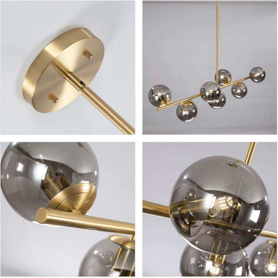 KCO Lighting Mid Century Modern Globe Sputnik Chandelier Gold Brass Pendant Hanging Light Fixture with Smoke Grey Glass Globe 7-Light Pendant Lighting for Kitchen Island Dining Living Room - Selzalot