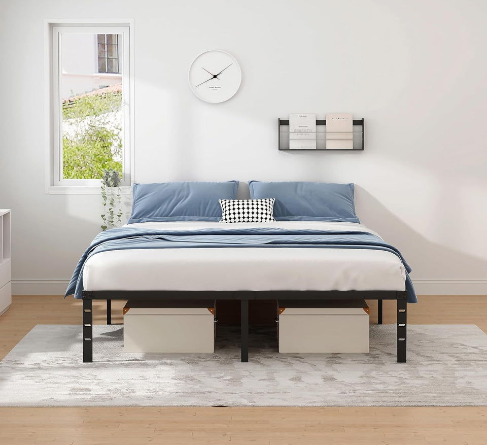 JETO Metal Bed Frame,King Size Bed Frame with Storage Space,Heavy Duty Sturdy Mattress Foundation,Easy Assembly,No Box Spring Needed, Black,14 Inch,King