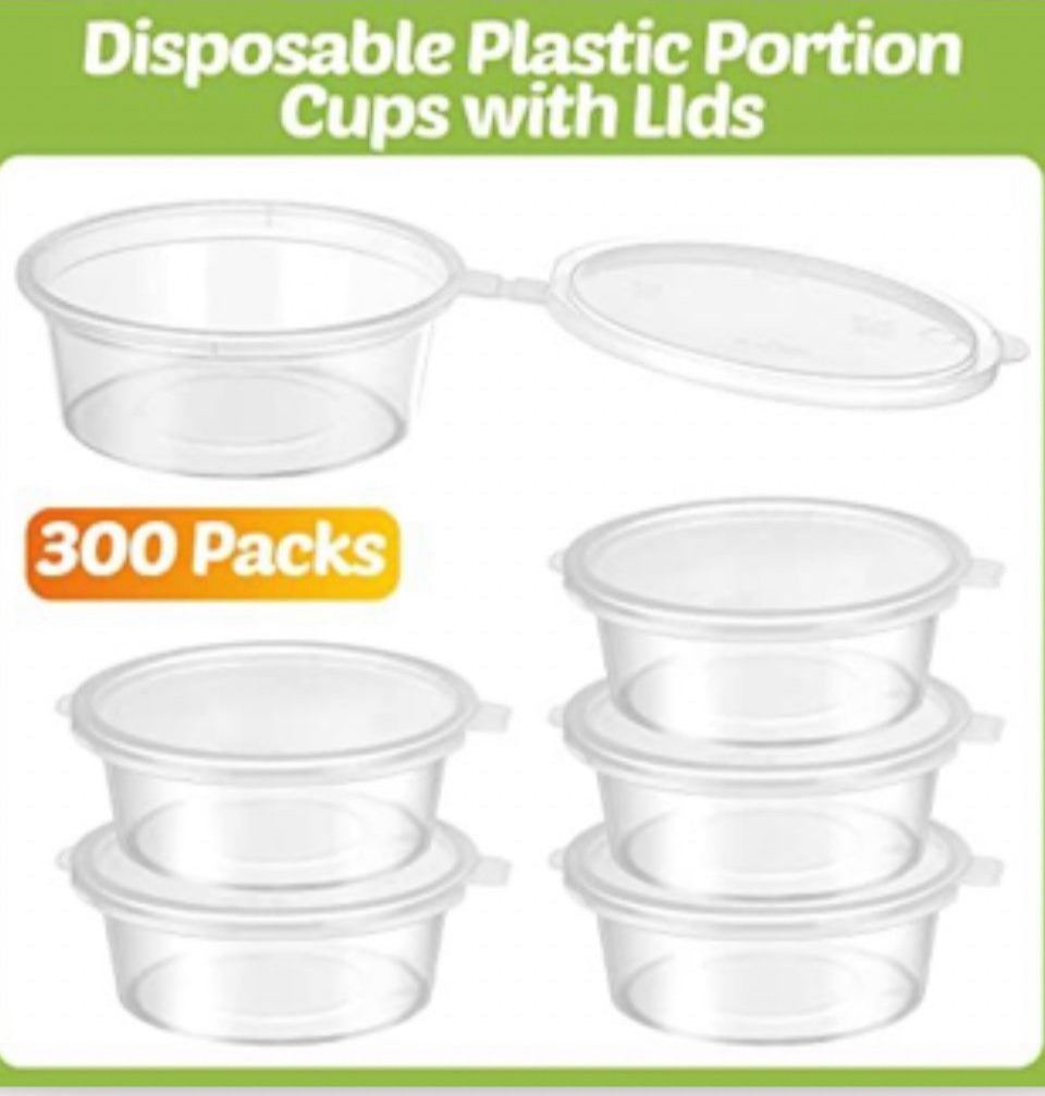 Didaey 300 pcs clear 2 oz plastic disposable portion cups with hinged lids for condiments