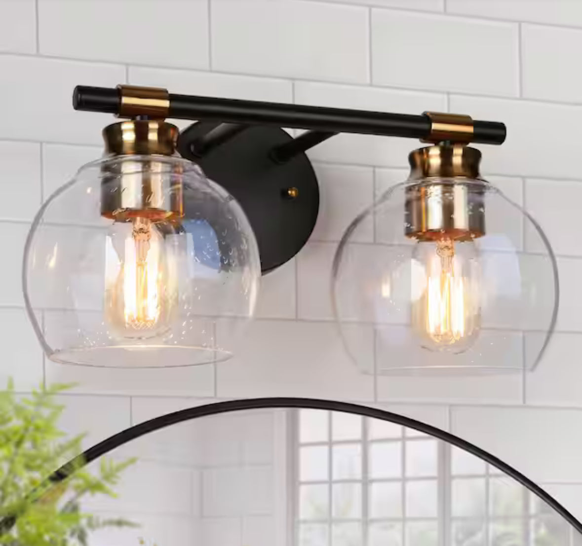 Zevni 14 in. 2-light modern black bathroom vanity light with rustic vintage brass and globe seeded glass.